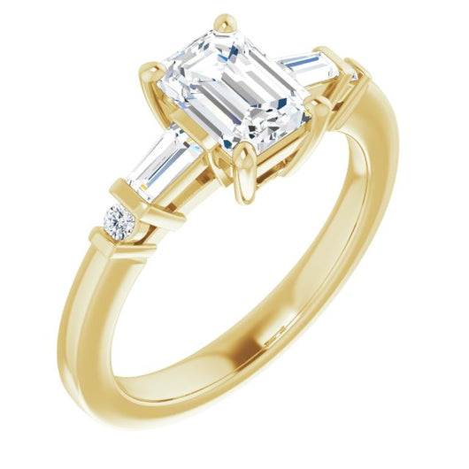 10K Yellow Gold Customizable 5-stone Baguette+Round-Accented Emerald/Radiant Cut Design)