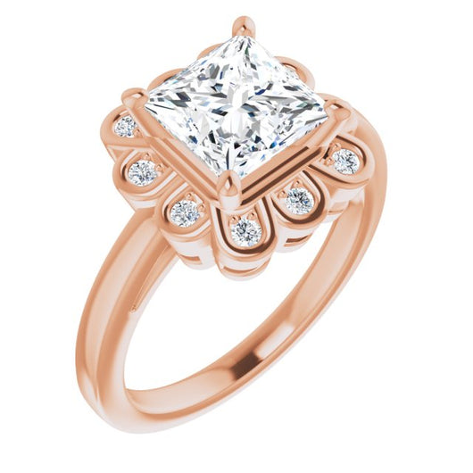 10K Rose Gold Customizable 9-stone Princess/Square Cut Design with Round Bezel Side Stones