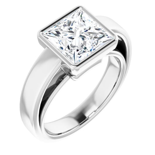 10K White Gold Customizable Cathedral-Bezel Princess/Square Cut Solitaire with Wide Band