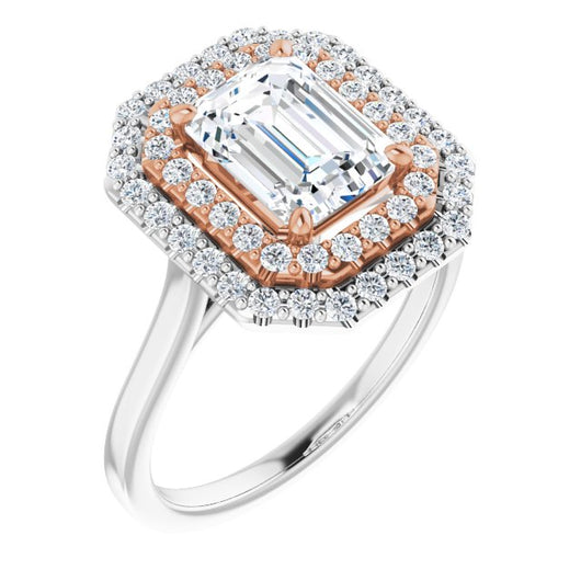 14K White & Rose Gold Customizable Cathedral-set Emerald/Radiant Cut Design with Double Halo