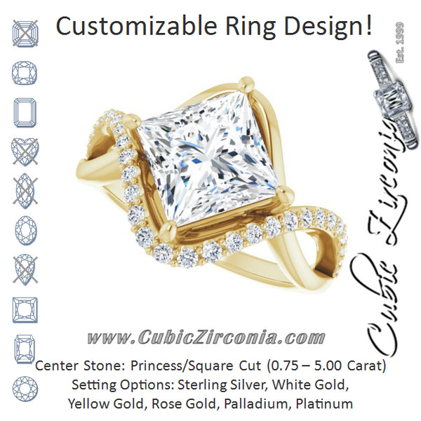 Cubic Zirconia Engagement Ring- The Kwan Lee (Customizable Princess/Square Cut Design with Semi-Accented Twisting Infinity Bypass Split Band and Half-Halo)