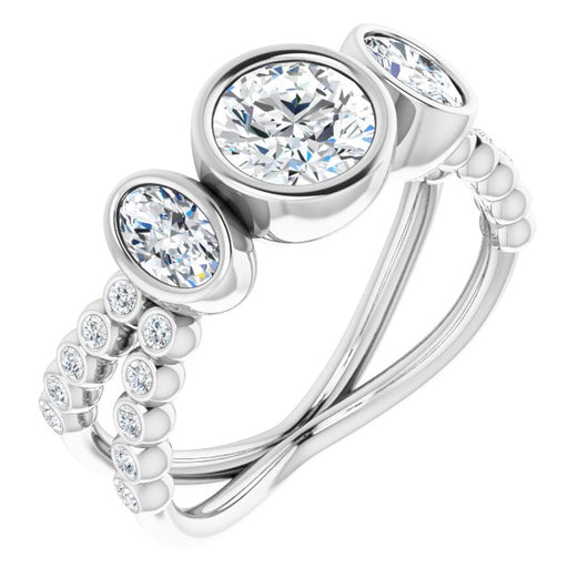 10K White Gold Customizable Bezel-set Round Cut Design with Dual Bezel-Oval Accents and Round-Bezel Accented Split Band