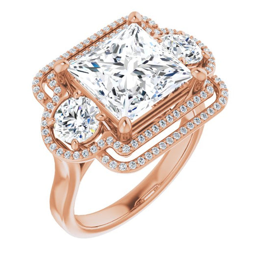 10K Rose Gold Customizable Cathedral-set Enhanced 3-stone Princess/Square Cut Design with Multidirectional Halo