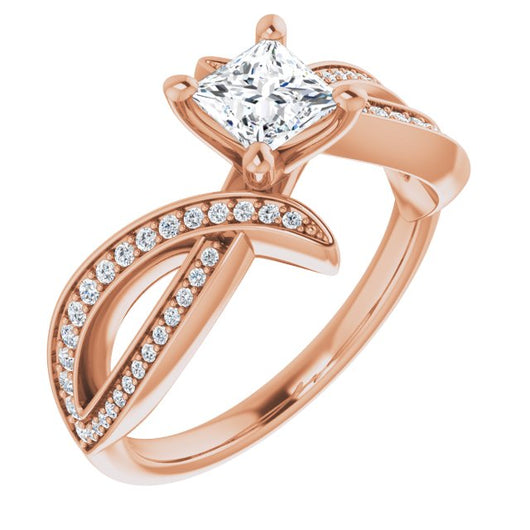 10K Rose Gold Customizable Princess/Square Cut Design with Swooping Pavé Bypass Band