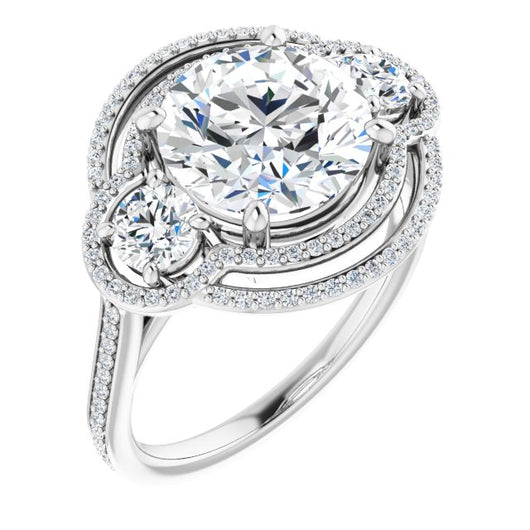 10K White Gold Customizable Enhanced 3-stone Double-Halo Style with Round Cut Center and Thin Band