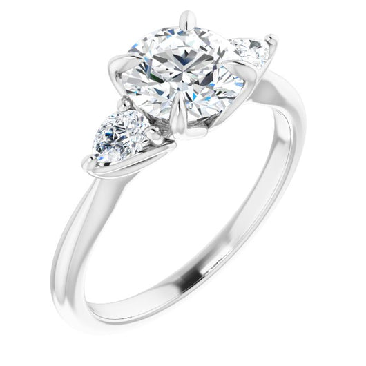 10K White Gold Customizable 3-stone Design with Round Cut Center and Dual Large Pear Side Stones