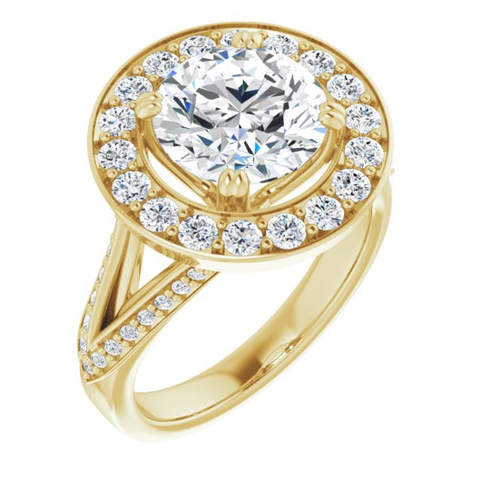 10K Yellow Gold Customizable Round Cut Center with Large-Accented Halo and Split Shared Prong Band