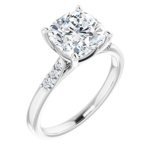 10K White Gold Customizable 7-stone Cushion Cut Cathedral Style with Triple Graduated Round Cut Side Stones