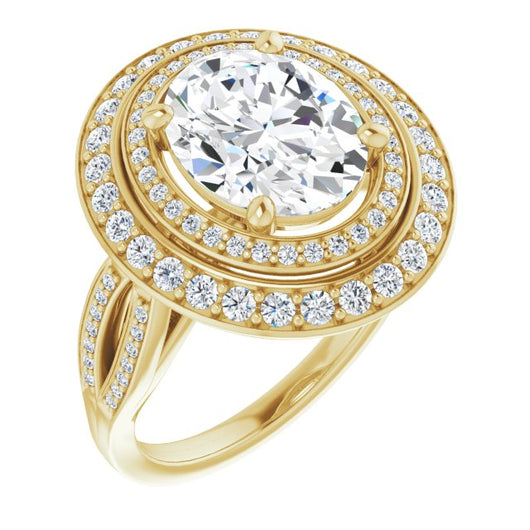 10K Yellow Gold Customizable Cathedral-style Oval Cut Design with Double Halo & Split-Pavé Band