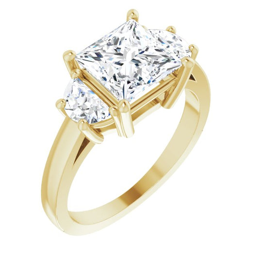 10K Yellow Gold Customizable 3-stone Design with Princess/Square Cut Center and Half-moon Side Stones