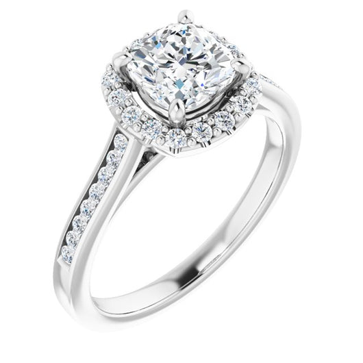 10K White Gold Customizable Cushion Cut Design with Halo, Round Channel Band and Floating Peekaboo Accents