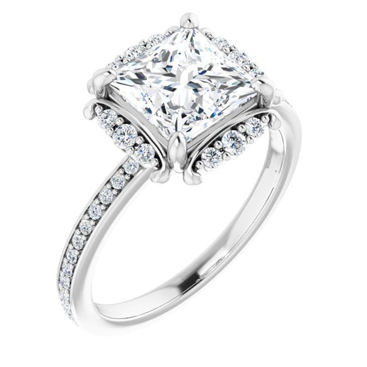 10K White Gold Customizable Princess/Square Cut Style with Halo and Thin Shared Prong Band