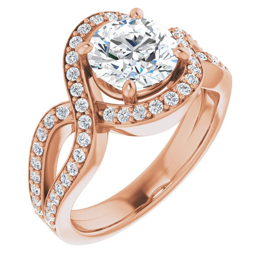 10K Rose Gold Customizable Round Cut Center with Infinity-inspired Split Shared Prong Band and Bypass Halo