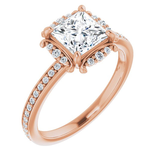 10K Rose Gold Customizable Princess/Square Cut Style with Halo and Thin Shared Prong Band