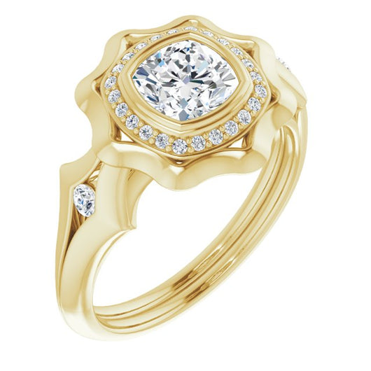 10K Yellow Gold Customizable Bezel-set Cushion Cut with Halo & Oversized Floral Design