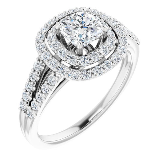 10K White Gold Customizable Cushion Cut Design with Double Halo and Wide Split-Pavé Band