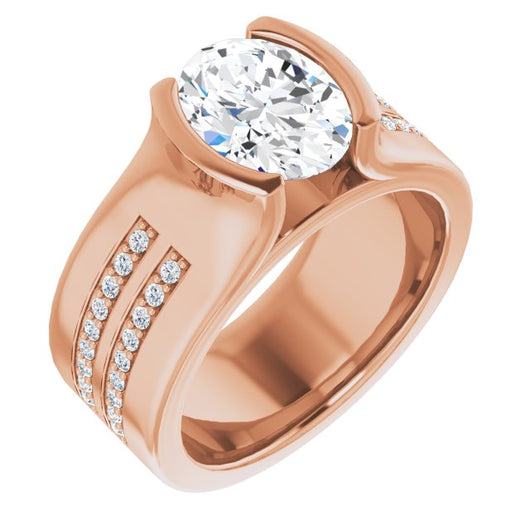 10K Rose Gold Customizable Bezel-set Oval Cut Design with Thick Band featuring Double-Row Shared Prong Accents