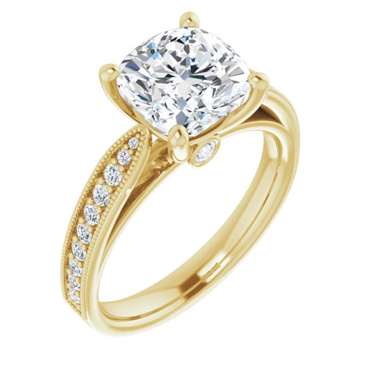 10K Yellow Gold Customizable Cushion Cut Style featuring Milgrained Shared Prong Band & Dual Peekaboos