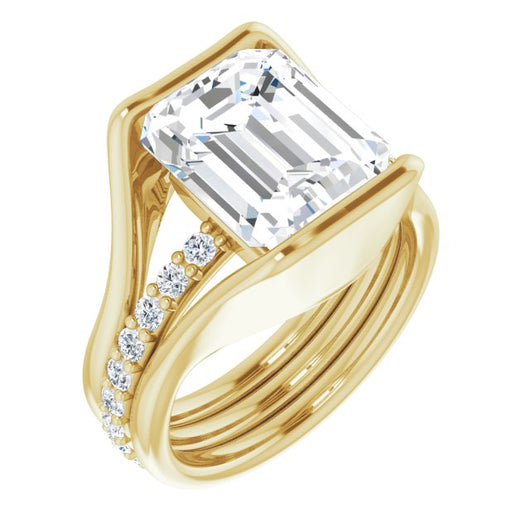 10K Yellow Gold Customizable Bezel-set Emerald/Radiant Cut Style with Thick Pavé Band