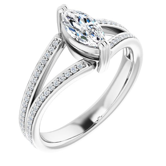 10K White Gold Customizable Marquise Cut Center with 100-stone* "Waterfall" Pavé Split Band