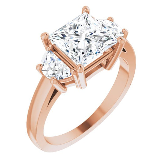 10K Rose Gold Customizable 3-stone Design with Princess/Square Cut Center and Half-moon Side Stones