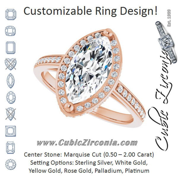 Cubic Zirconia Engagement Ring- The Estelle (Customizable Cathedral-Halo Marquise Cut Design with Under-halo & Shared Prong Band)