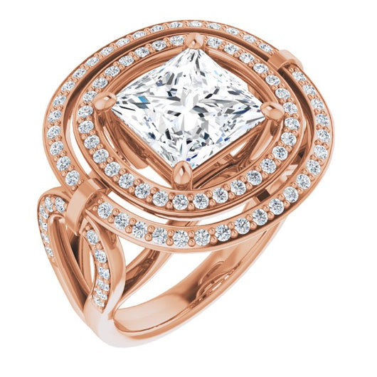 10K Rose Gold Customizable Cathedral-set Princess/Square Cut Design with Double Halo & Accented Ultra-wide Horseshoe-inspired Split Band