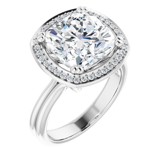 10K White Gold Customizable Cushion Cut Style with Scooped Halo and Grooved Band