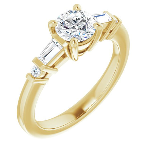 10K Yellow Gold Customizable 5-stone Baguette+Round-Accented Round Cut Design)