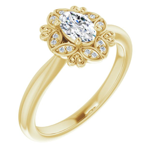 10K Yellow Gold Customizable Oval Cut Design with Floral Segmented Halo & Sculptural Basket