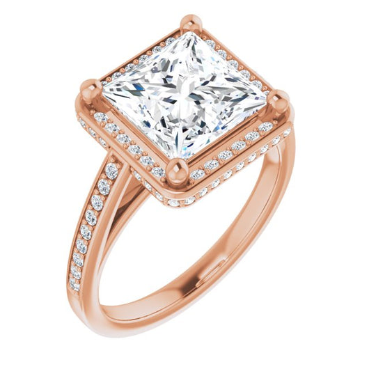 10K Rose Gold Customizable Cathedral-Halo Princess/Square Cut Design with Under-halo & Shared Prong Band