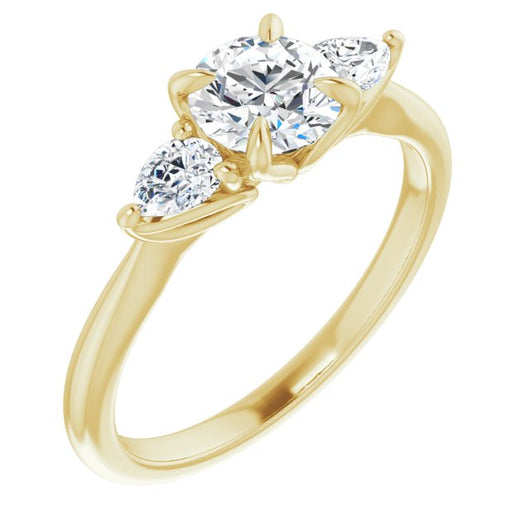 10K Yellow Gold Customizable 3-stone Design with Round Cut Center and Dual Large Pear Side Stones