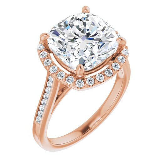 10K Rose Gold Customizable Cushion Cut Design with Halo, Round Channel Band and Floating Peekaboo Accents