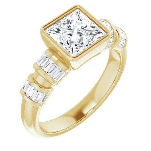 10K Yellow Gold Customizable Bezel-set Princess/Square Cut Design with Quad Horizontal Band Sleeves of Baguette Accents