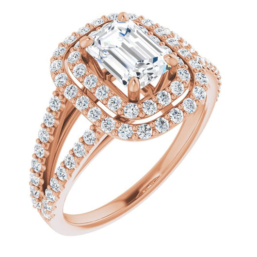 10K Rose Gold Customizable Emerald/Radiant Cut Design with Double Halo and Wide Split-Pavé Band