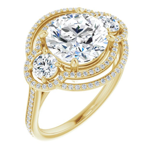 10K Yellow Gold Customizable Enhanced 3-stone Double-Halo Style with Round Cut Center and Thin Band