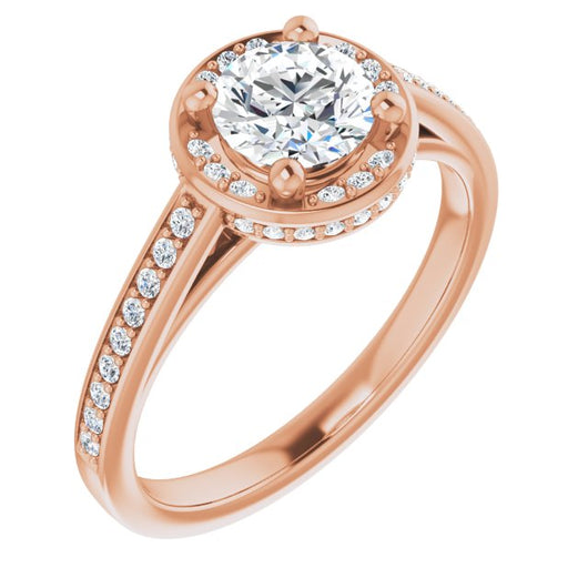 10K Rose Gold Customizable Cathedral-Halo Round Cut Design with Under-halo & Shared Prong Band