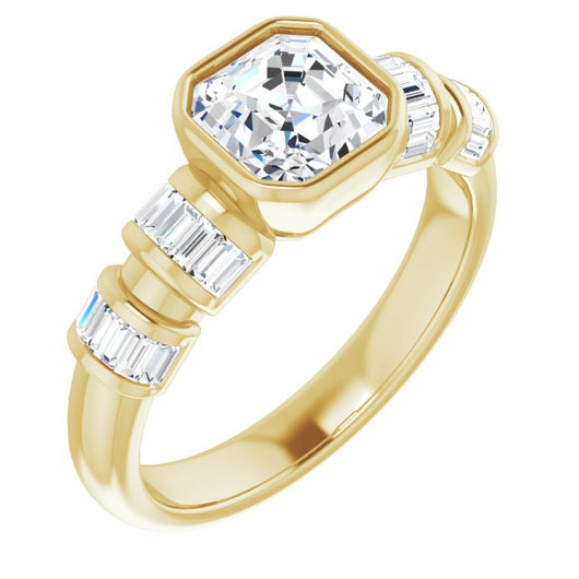 10K Yellow Gold Customizable Bezel-set Asscher Cut Design with Quad Horizontal Band Sleeves of Baguette Accents