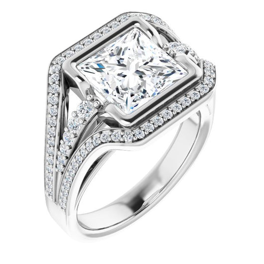 10K White Gold Customizable Cathedral-Bezel Princess/Square Cut Design with Wide Triple-Split-Pavé Band