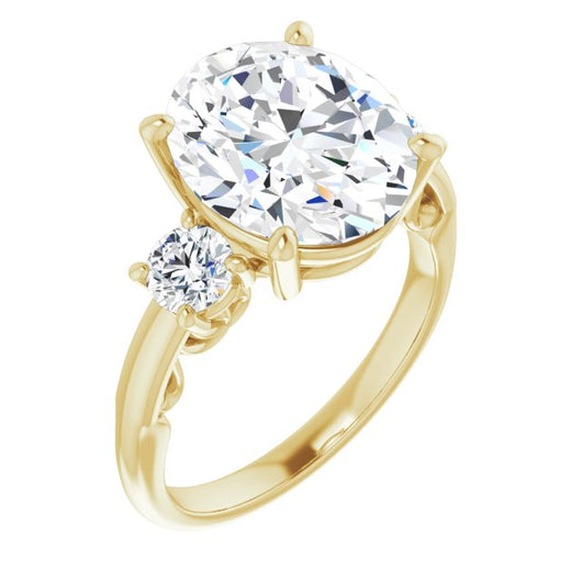 10K Yellow Gold Customizable Oval Cut 3-stone Style featuring Heart-Motif Band Enhancement