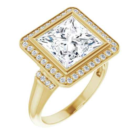 10K Yellow Gold Customizable Bezel-set Princess/Square Cut Design with Halo and Vertical Round Channel Accents