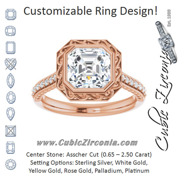 Cubic Zirconia Engagement Ring- The Itzayana (Customizable Cathedral-Bezel Asscher Cut Design featuring Accented Band with Filigree Inlay)