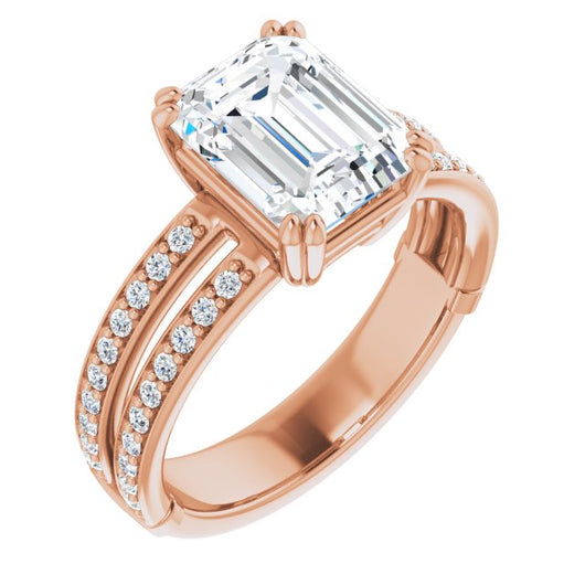 10K Rose Gold Customizable Emerald/Radiant Cut Design featuring Split Band with Accents