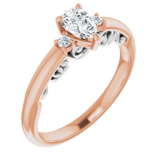 14K Rose & White Gold Customizable Pear Cut 3-stone Style featuring Heart-Motif Band Enhancement