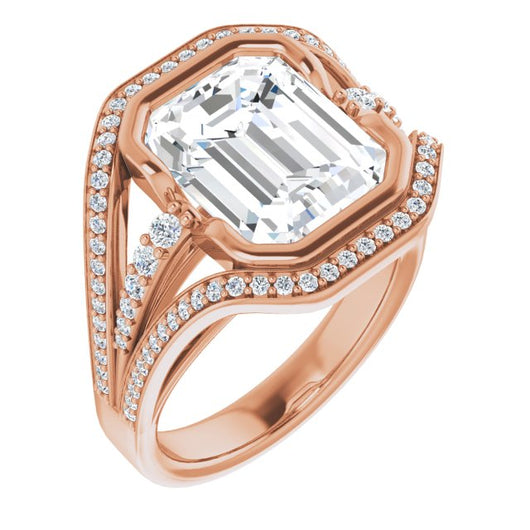 10K Rose Gold Customizable Cathedral-Bezel Emerald/Radiant Cut Design with Wide Triple-Split-Pavé Band