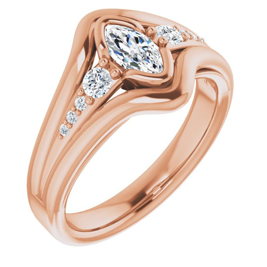 10K Rose Gold Customizable 9-stone Marquise Cut Design with Bezel Center, Wide Band and Round Prong Side Stones