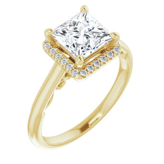 10K Yellow Gold Customizable Cathedral-Halo Princess/Square Cut Style featuring Sculptural Trellis