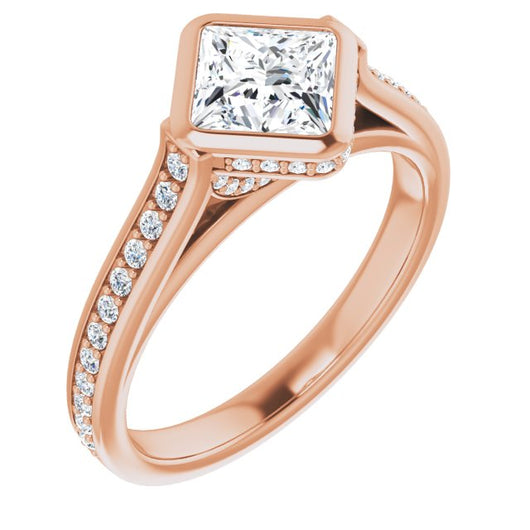 10K Rose Gold Customizable Cathedral-Bezel Princess/Square Cut Design with Under Halo and Shared Prong Band