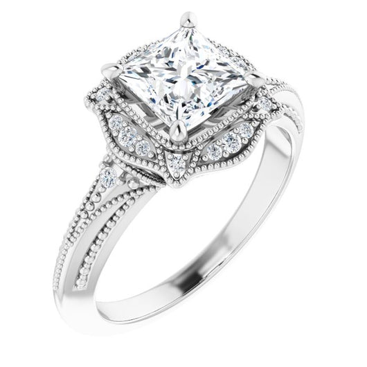 10K White Gold Customizable Vintage Princess/Square Cut Design with Beaded Milgrain and Starburst Semi-Halo