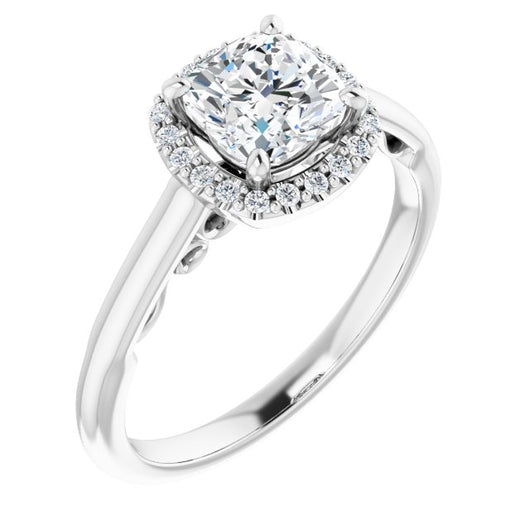 10K White Gold Customizable Cathedral-Halo Cushion Cut Style featuring Sculptural Trellis